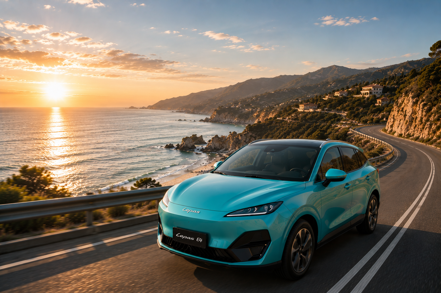 LEPAS E4 Premium Electric SUV driving along a coastal road at sunset