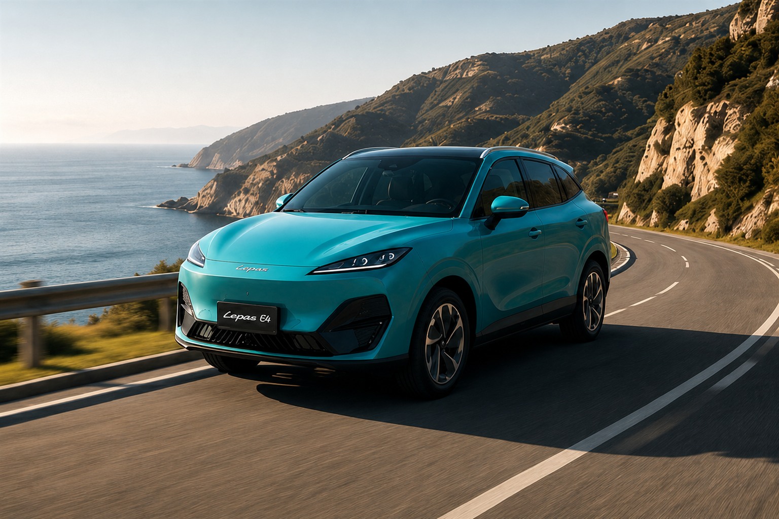 LEPAS E4 electric SUV in motion on an elegant coastal road