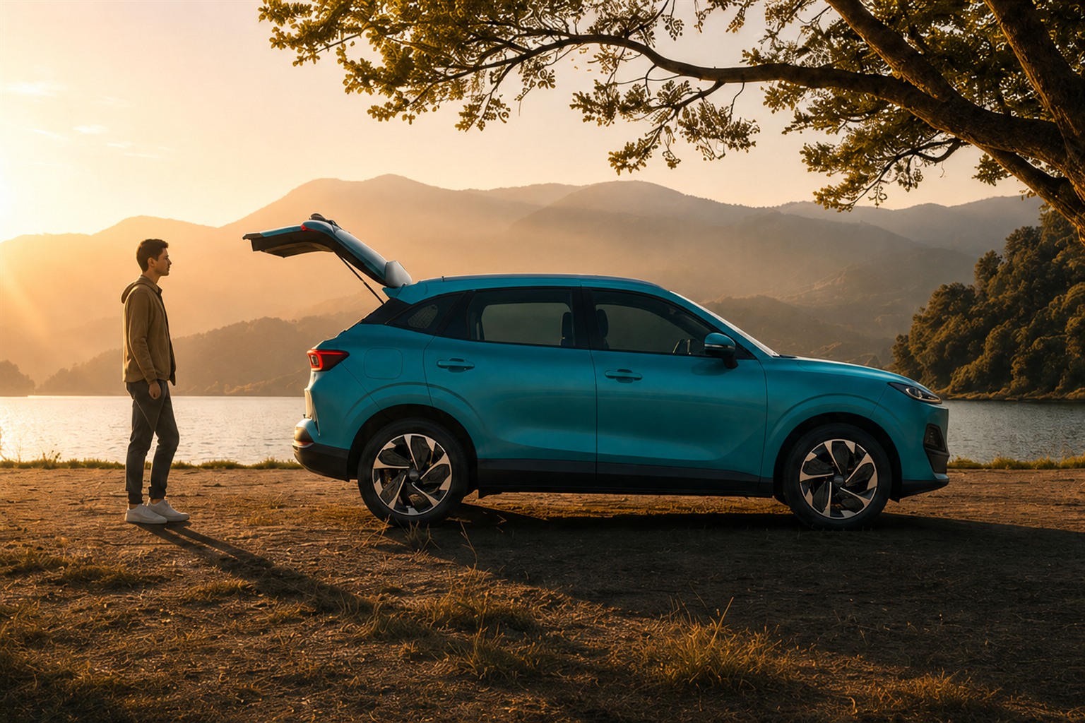 LEPAS E4 electric SUV supporting an outdoor lakeside journey