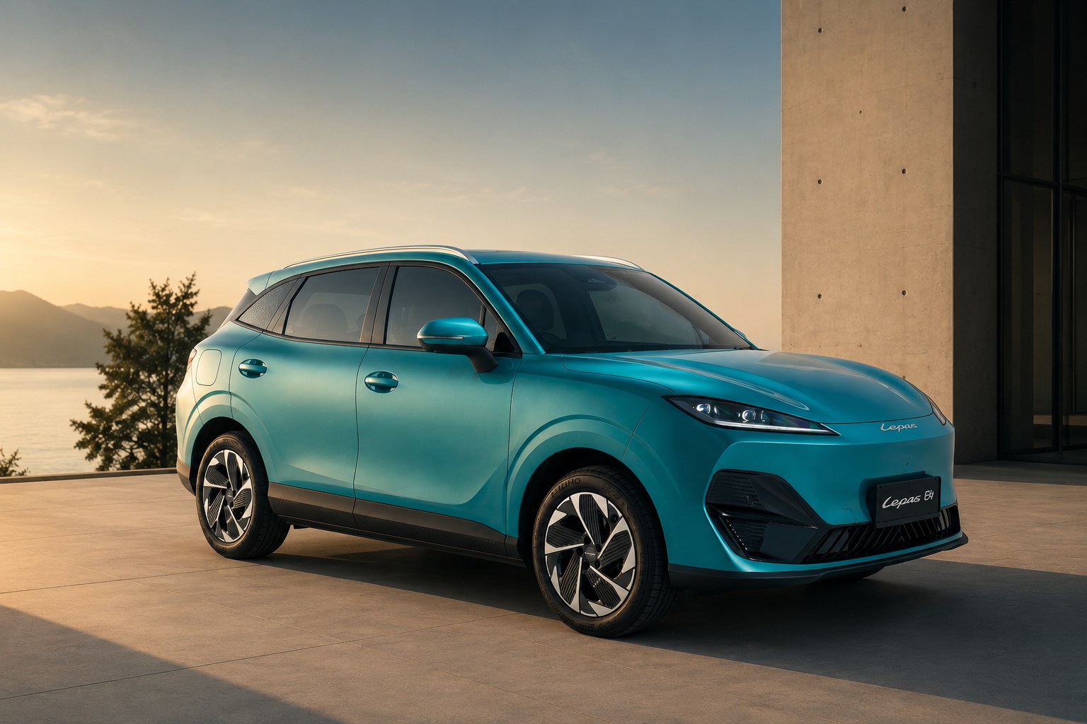 LEPAS E4 Premium Electric SUV beside a peaceful waterfront residence