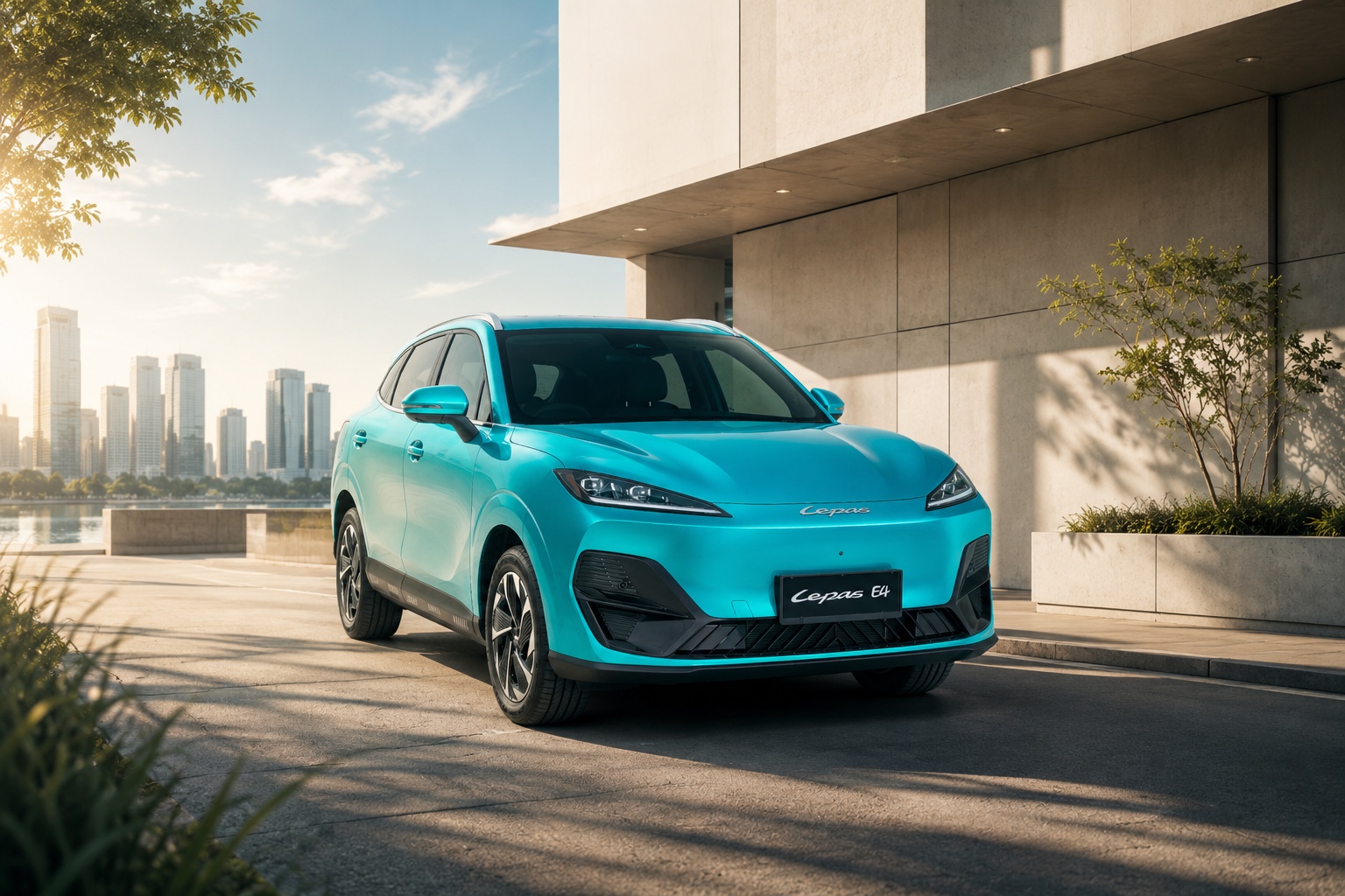 LEPAS E4 electric SUV front three-quarter profile in an urban premium setting