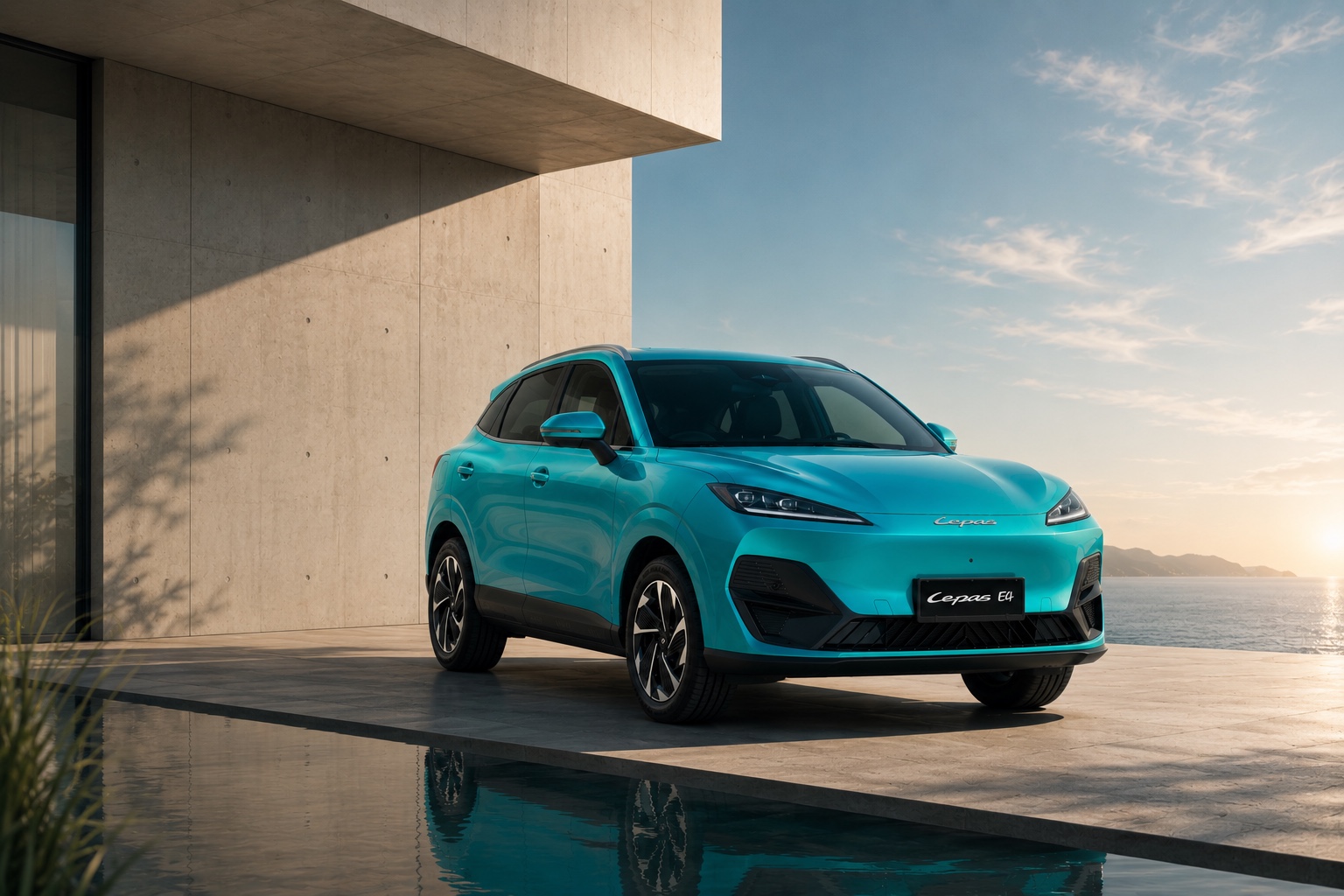 LEPAS E4 electric SUV in a premium coastal villa setting
