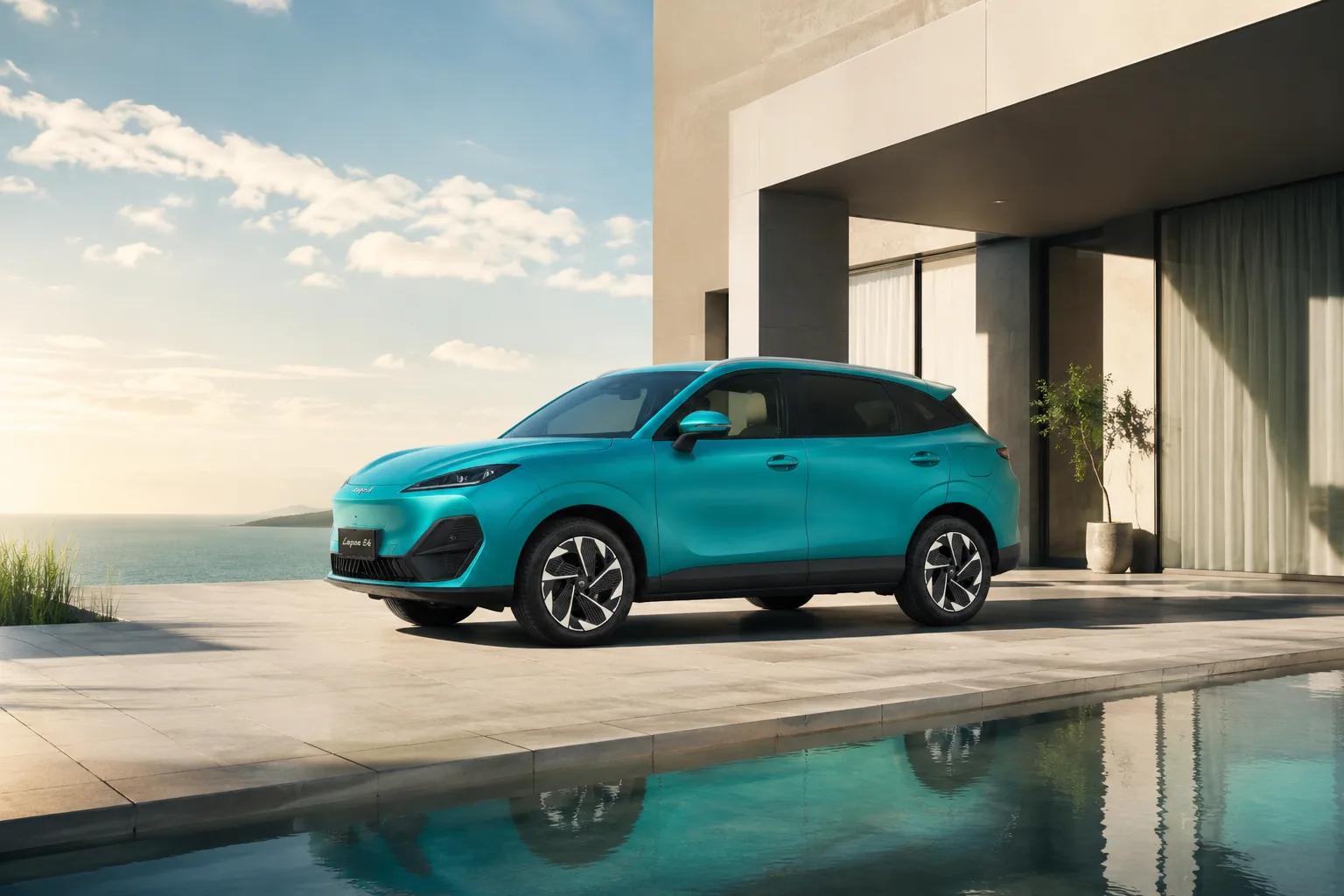 LEPAS E4 Premium Electric SUV beside a coastal residence