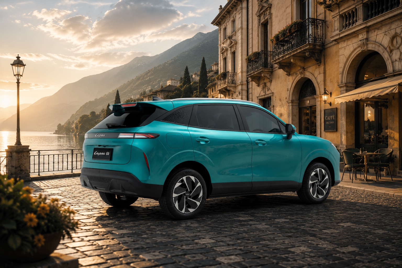 LEPAS E4 electric SUV rear three-quarter view beside a lakeside town