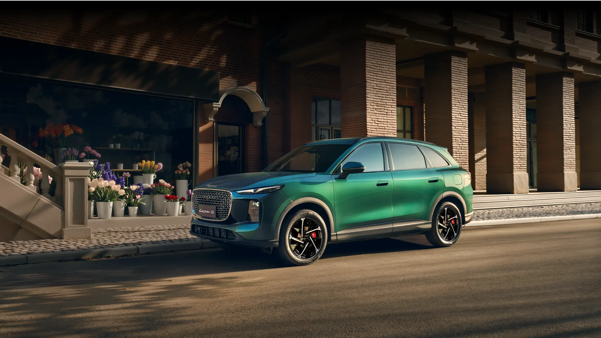 LEPAS L8 Premium Super Hybrid SUV parked by a flower shop at golden hour